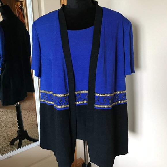 Vintage Blazer Tunic: 80s Blue & Black Jacket with Gold Trim, Plus Size 22WP - Picture 9 of 11